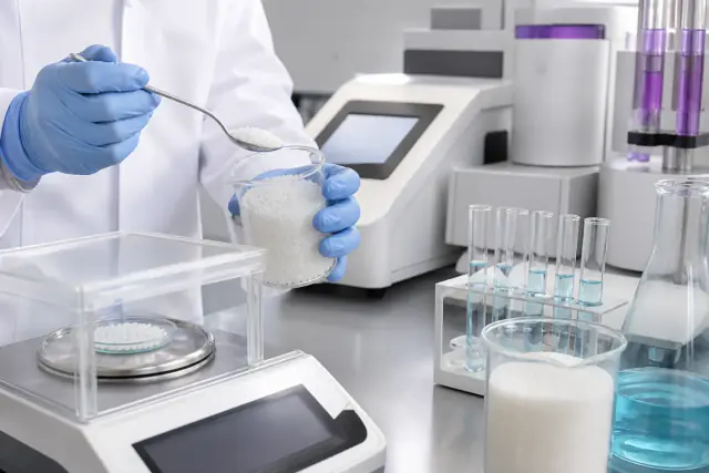 Gloved hands conducting on-site food laboratory testing